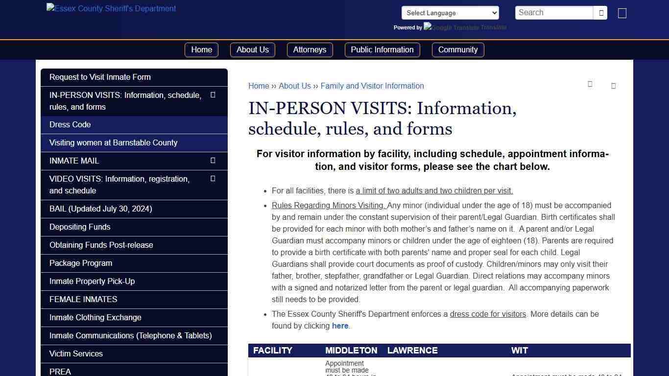 IN-PERSON VISITS: Information, schedule, rules, and forms | Essex County Sheriff's Department